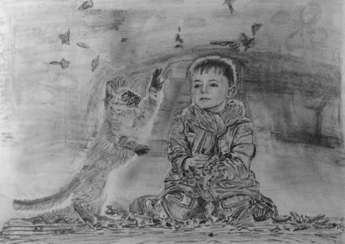 Drawing of a boy and a kitten among autumn leaves