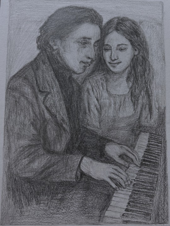 Pencil drawing of a pianist seated at a keyboard with a woman beside him