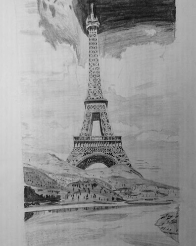 Pencil drawing of the Eiffel Tower in a sketchbook