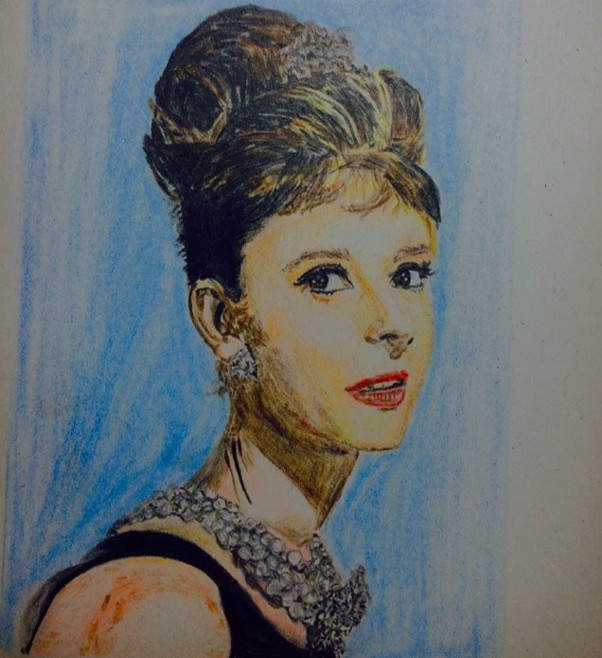 Colour portrait drawing of a woman looking back