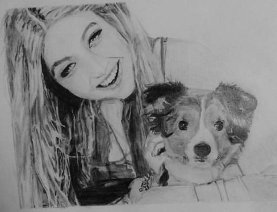Drawing of a woman holding a dog